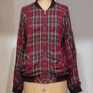 Red Tartan Zip up Bomber Jacker with Multi-Pockets